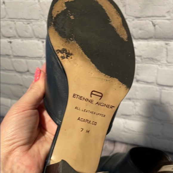 Etienne Aigner Navy Leather Mules with Block Heel Sz 7 - Picture 6 of 6